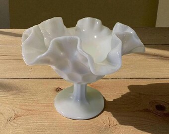Vintage Fenton Milk Glass Compote: Thumbprint Ruffle Candy Dish