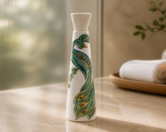 Vintage Hand-Painted Peacock Ceramic Vase, Mid Century Modern Boho Decor