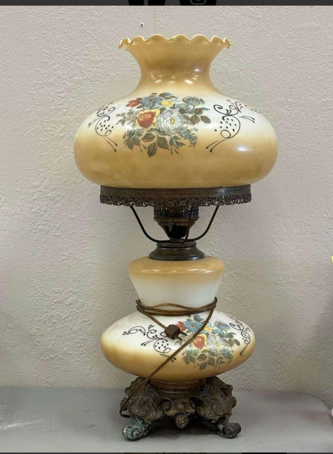 Victorian Hand Painted Floral Hurricane Lamp Known As "Gone With The Wind" works perfectly. Stands 26" tall