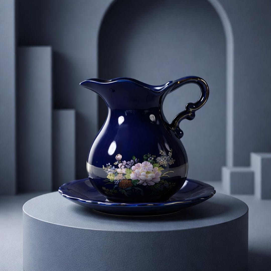 工芸品 Bowl Vintage Porcelain Pitcher Bowl Set Japan Blue Gold Trim Accent