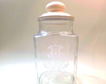 Vintage Pfaltzgraff Yorktown Glass Canister, Frosted Floral Design, Stoneware Lid