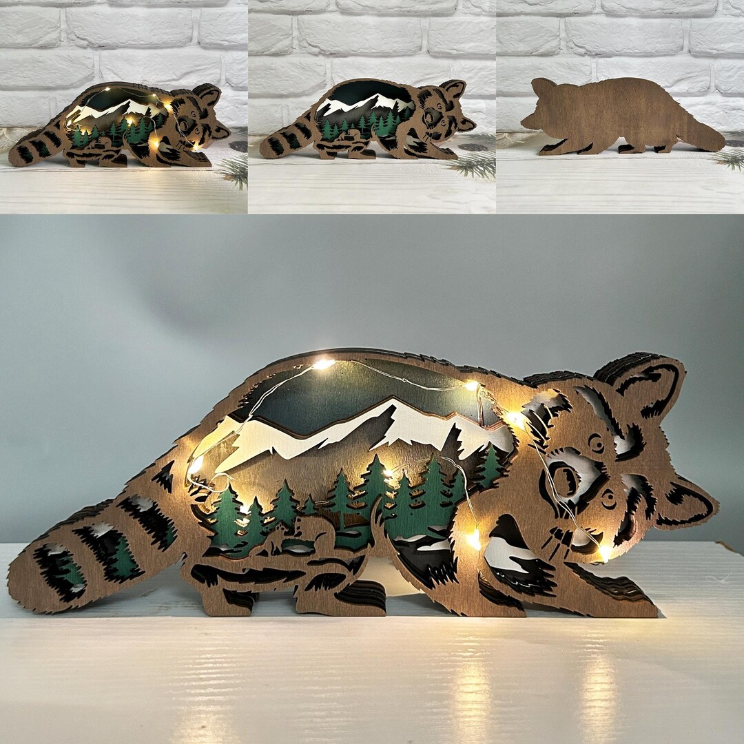 Wooden 3D Raccoon Desk Ornament With Lights,wooden Wild Animal Craft ...