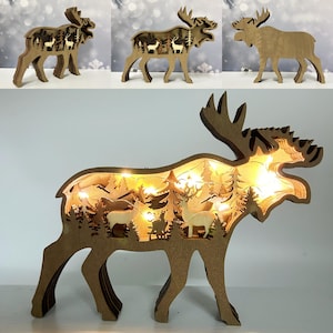 Aangepaste 3D gesneden houten eland decor met verlichting, houten eland, licht houten dieren, bureaubladornament, wanddecoratie, verjaardagscadeau voor kinderen