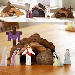Houten paasdecoratieset, opstandingsscène, lege grafscène, hij is verrezen, paasdecor, tafeldecoratie thuis, paascadeau