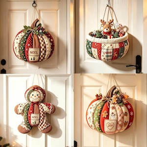 May include: A collection of four fabric hanging decorations featuring a pumpkin with the text NOEL, a basket filled with a plush reindeer, a gingerbread person with the text NOEL, and a pumpkin with the text JOY, all in red, green, and beige patterns.