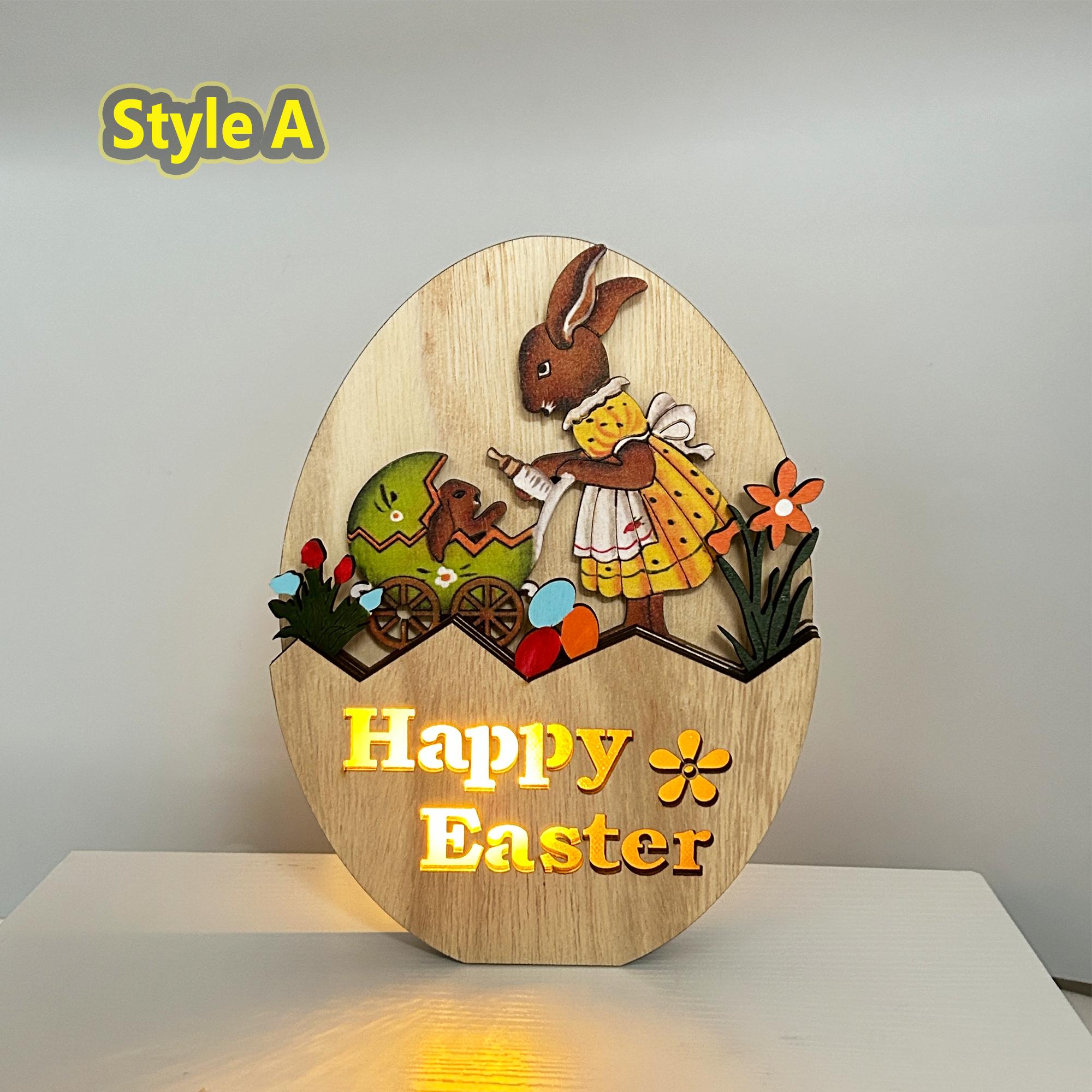 Led-paashaas decoratie van houten basis, paasdecoratie, houten haas met