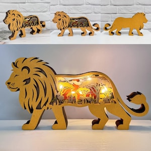 Lion 3D personnalisé en bois sculpté à la main avec lumières LED - Ornement de bureau animaux sauvages en bois - Cadeau lumineux animalier gravé - Cadeau d'anniversaire pour enfant