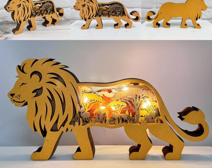 Custom Wooden Handcarved 3D Lion with LED Lights-Wooden Wild Animals Desk Ornament-Animal Light Up-Engraved Name Gift-Birthday Gift for Kids