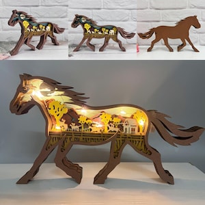 カスタム手彫り木製 3D 馬 LED ライト付き - 木製馬デスクオーナメント - 動物が光る - 名前が刻印されたギフト - お子様への誕生日プレゼント