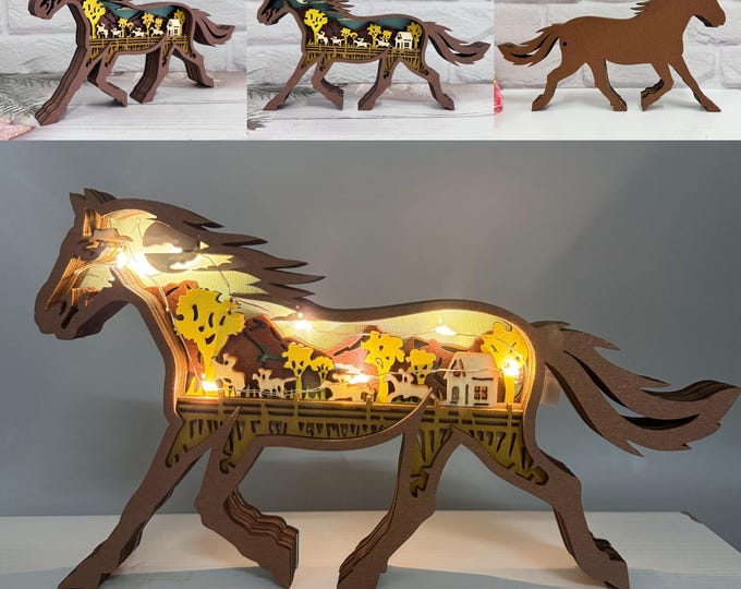 Custom Handcarved Wooden 3D Horse with LED Lights-Wooden Horse Desk Ornaments-Animals Light Up-Engraved Name Gift-Birthday Gifts for Kids