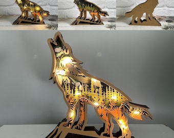 Custom 3D Hand-carved Wooden Wolf with LED Lights,Wooden Animal Lights,Engraved Name Gift,Wooden Wolf,Kids Bedroom Desk Decor,Birthday Gifts