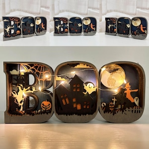 Adornos de madera con la letra BOO tallada en 3D, lámpara de madera con el letrero BOO, decoración de mesa para el hogar, arte de decoración de pared, decoración de Halloween, regalo de Halloween, temporada espeluznante