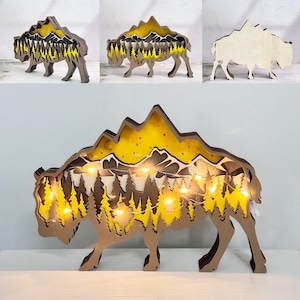 Bisonte in legno intagliato a mano 3D personalizzato con luci, ornamento da scrivania in legno a forma di bisonte, luci a forma di animali bisonte, decorazione per la camera da letto, regalo di compleanno per bambini