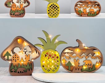 Custom 3D Wooden Pumpkin/Pineapple/Mushroom Desk Decor,Pumpkin Light,Wooden Lights,Farmhouse Decor,Thanksgiving Decor,Fall Decor,Wooden Gift