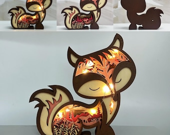 Kawaii Wooden Handcarved 3D Fox with LED Lights,Fox Desk Ornaments,Wooden Animals Lights,Kids Bedroom Decor,Custom Birthday Gift for Kids