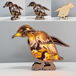 Custom 3D Hand-Carved Wooden Penguin Desk Ornament with Lights,Wooden Penguin Lights,Penguin Gift,Wooden Desk Decor,Birthday Gift for Kids