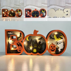 Lámpara de calabaza con letra BOO de madera tallada en 3D, decoración de BOO de madera, lámpara de calabaza de madera, decoración de escritorio de madera, decoración de dormitorio infantil de Halloween, regalo de Halloween