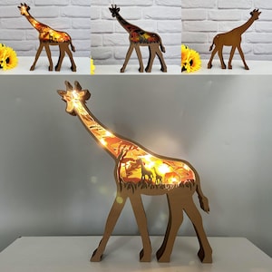 木製手彫り 3D キリン LED ライト付き - 木製野生動物デスクオーナメント - キリンの置物 - カスタム動物ライト - お子様への誕生日プレゼント