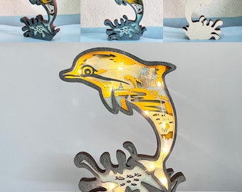 Aangepaste 3D dolfijn houten verlichting, houten dolfijn, houtsnijwerk dier bureau decor, dierenverlichting, gegraveerde naam cadeau, verjaardagscadeaus voor kinderen