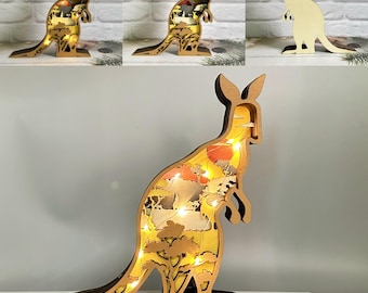 Decoración de escritorio de canguro de madera 3D con luces, artesanía de animales salvajes de madera, canguro de madera, luces de animales personalizadas, decoración de dormitorio infantil, regalo de cumpleaños