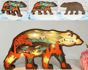 Adorno de escritorio de oso de madera tallado a mano en 3D personalizado con luces - Artesanía hueca de madera - Oso de bosque salvaje - Regalo de cumpleaños personalizado para niños