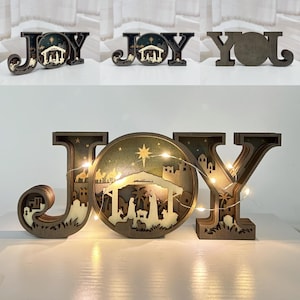 Enfeites de letras JOY de madeira esculpidas em 3D, luminária de letreiro JOY de madeira, decoração de mesa para Halloween/Natal, arte de decoração de parede, presente de Natal, Feliz Natal