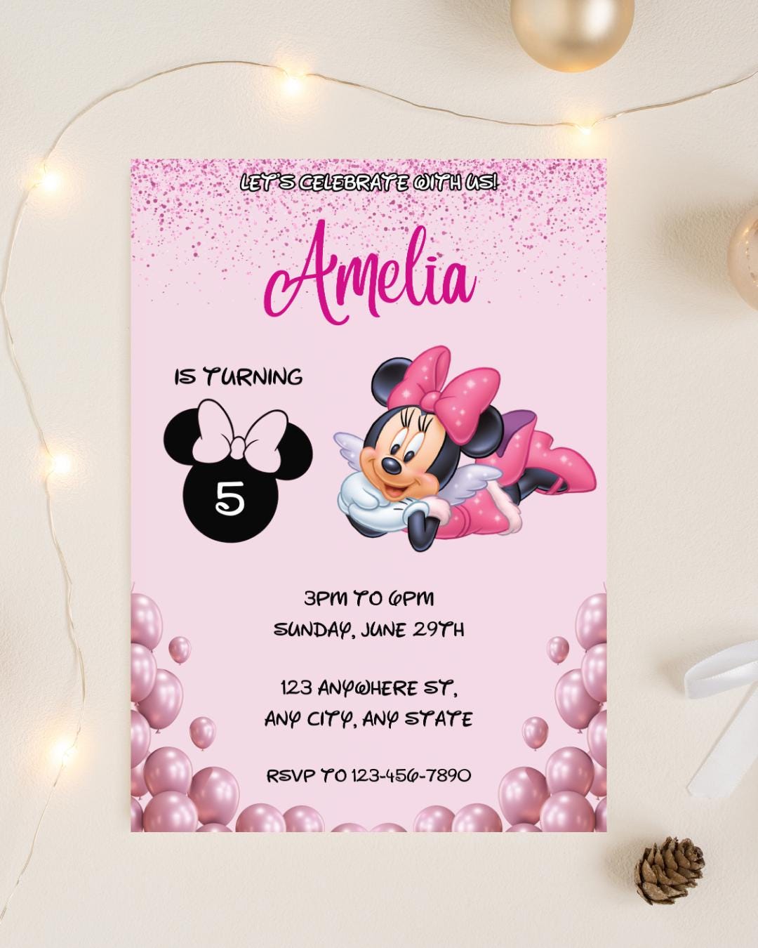 Editable Minnie Mouse Pink Birthday Invitation, Girls Birthday Invite ...