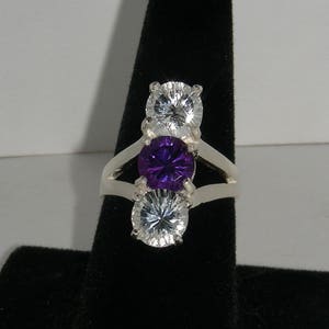 Genuine Amethyst and White Topaz Sterling Silver Ring Size 8.25