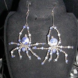 Sodalite and Silver toned bead Spider Earrings on SS Earwires