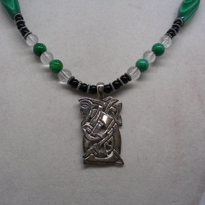 Sterling Silver Celtic Dragon Pendant with Malachite, Quartz, Onyx and Chrysocola beads Necklace