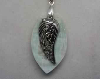 Blue Green Calcite Polished Stone with Pewter Wing on Pewter Bail Friendship Pendant