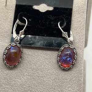 Red Dragons Breath Mexican Man Made Opal Oval Cabochons in Silver plated Settings with Sterling Silver Shield Leverbacks