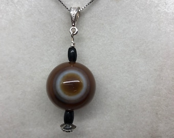 Brown Eye Agate Globe with Black Onyx beads on a Sterling silver bail Pendant