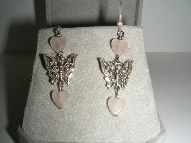 Heart Shaped Rose Quartz Beads Sterling Silver Ear Wire Earrings Sterling Silver Butterflies