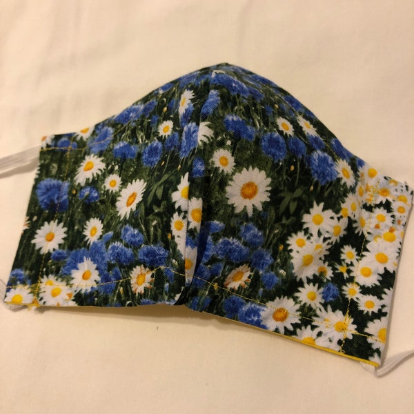 Cotton Cloth Face Mask, 3 Layers with Pelon, White Daisy and Bachelor Button flower Fabric Size Medium Elastic Ear loops #1