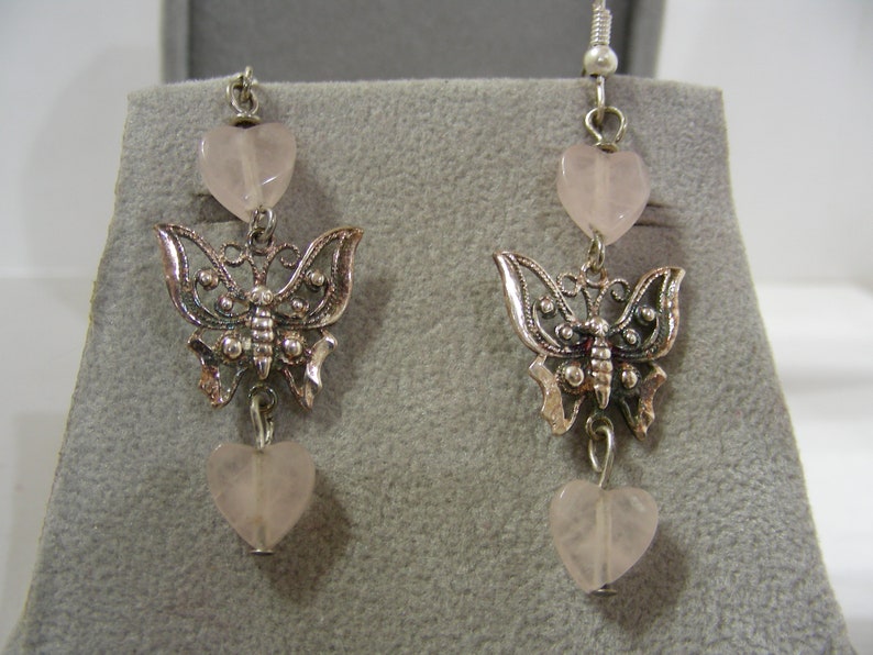 Heart Shaped Rose Quartz Beads Sterling Silver Ear Wire Earrings Sterling Silver Butterflies