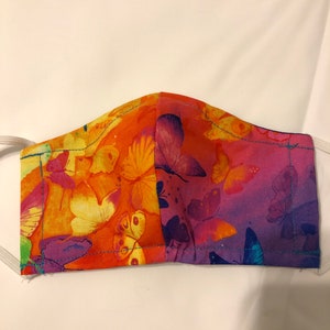 Masque facial en tissu de coton, tissu papillon arc-en-ciel, taille moyenne, boucles d’oreille élastiques, # 6