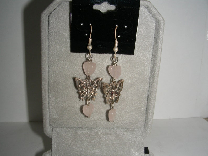 Heart Shaped Rose Quartz Beads Sterling Silver Ear Wire Earrings Sterling Silver Butterflies