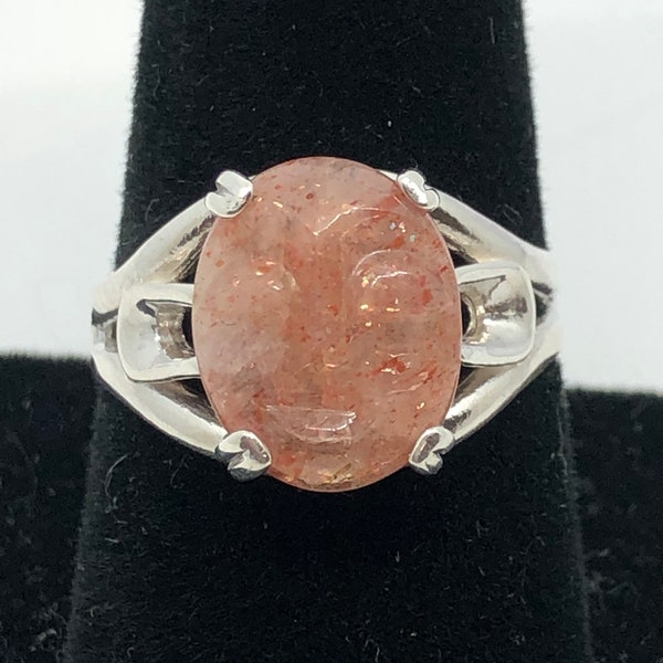 Tanzanian Confetti Sunstone Carved Face Cabochon Ring Size 9