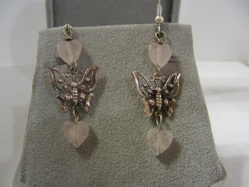 Heart Shaped Rose Quartz Beads Sterling Silver Ear Wire Earrings Sterling Silver Butterflies