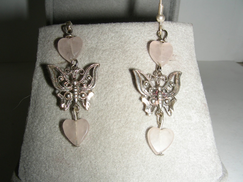 Heart Shaped Rose Quartz Beads Sterling Silver Ear Wire Earrings Sterling Silver Butterflies