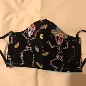 Cotton Cloth Face Mask Colorful Dancing Skeletons on Black Fabric Size Medium Elastic Ear loops #1
