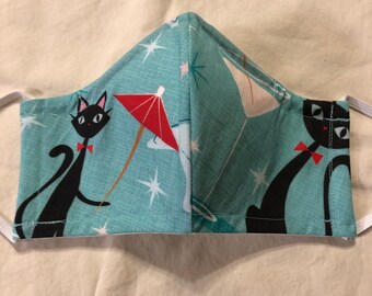 Cotton Cloth Face Mask, 3 Layers, Pellon, Black Cats and Martinis on Light Blue Fabric, Size Medium, Elastic Ear loops, #2
