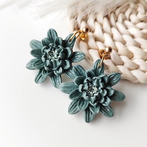Boho Green Flower Earrings: 3D Polymer Clay Botanical Jewelry
