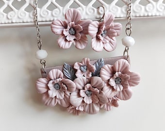 Pink Flower Necklace and Earring Set, Floral Jewelry for Bridesmaids, Botanical Cottagecore Gift for Her