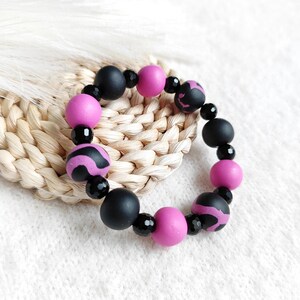 Pink & Black Polymer Clay Bead Bracelet: Handmade Stretchy Jewelry