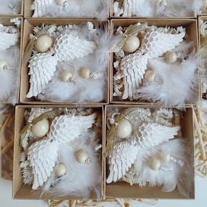 Angel Ornament with Wings, Handmade Christmas Tree Decor, White Angel Gift, Hanging Holiday Decoration.