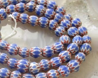 11 Old Venetian Wrap Glass Beads Barrel-shaped Striped Glass Beads Blue Red Stripes White Africa Trade