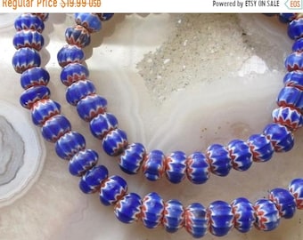11 Old Venetian Wrap Glass Beads Barrel-shaped Striped Glass Beads Blue Red Stripes White Africa Trade