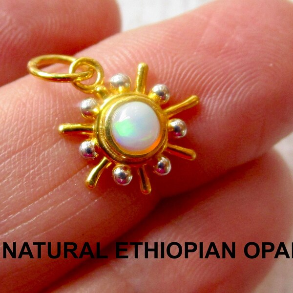 Fiery Ethiopian Opal Mid Century Modern Gemstone Charm, Two Tone 18K Gold 925 Silver Pendant, Mixed Metal Atomic Sun Charm